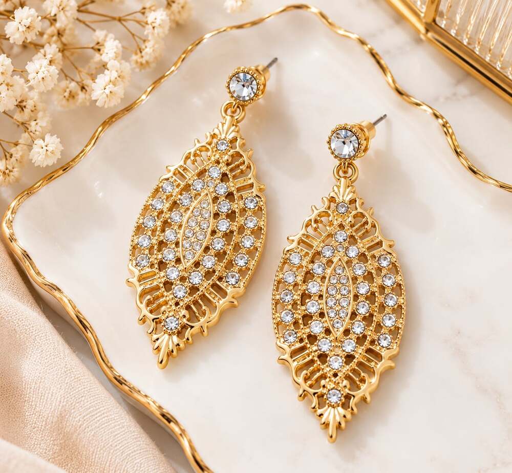 Statement Gold Rhinestone Filigree Drop Earrings Glam Vintage Inspired